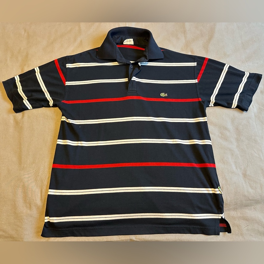 Vintage Lacoste Polo Shirt Mens Medium Navy With Red & White Stripes